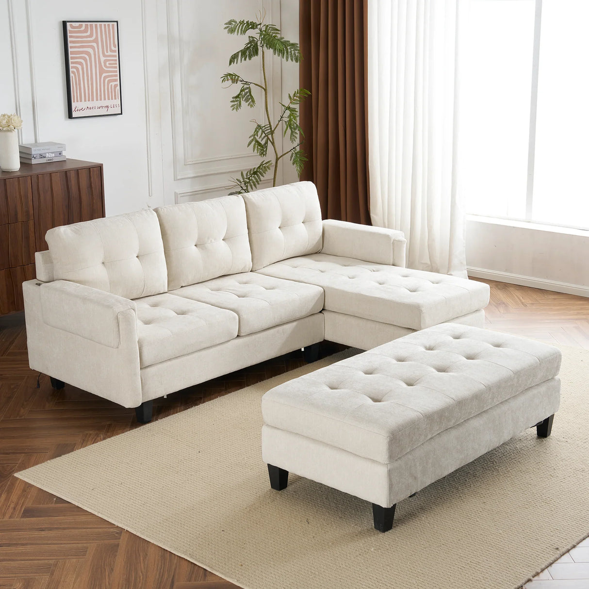 Sleeper Sectional Chenille L Shaped With Chaise Beige - Furniture Home Direct