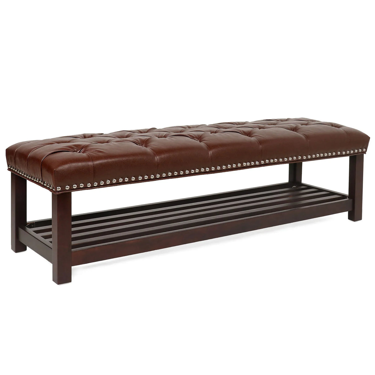 Bedroom End Of Bed Bench Tufted Upholstered End Of Bed Bench End Of Bed Entrance Shoe Bench With Nailhead Trim And Shelf Bedroom Upholstered Leather Bench Living Room Shoe Rack Footstool - Furniture Home Direct