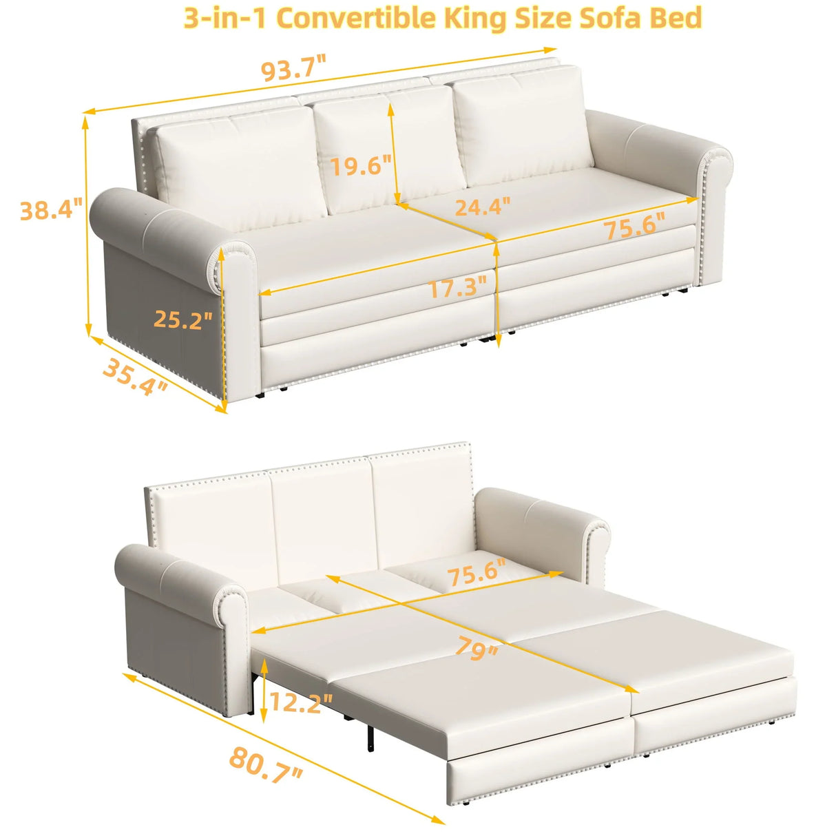 3 In 1 Convertible Sleeper Sofa With Nailhead Trim & Rolled Arm - Furniture Home Direct