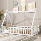 Tent-Shaped Floor Bed, Teepee Bed With Guardrails, Slats - Furniture Home Direct