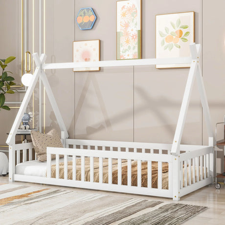 Tent-Shaped Floor Bed, Teepee Bed With Guardrails, Slats - Furniture Home Direct