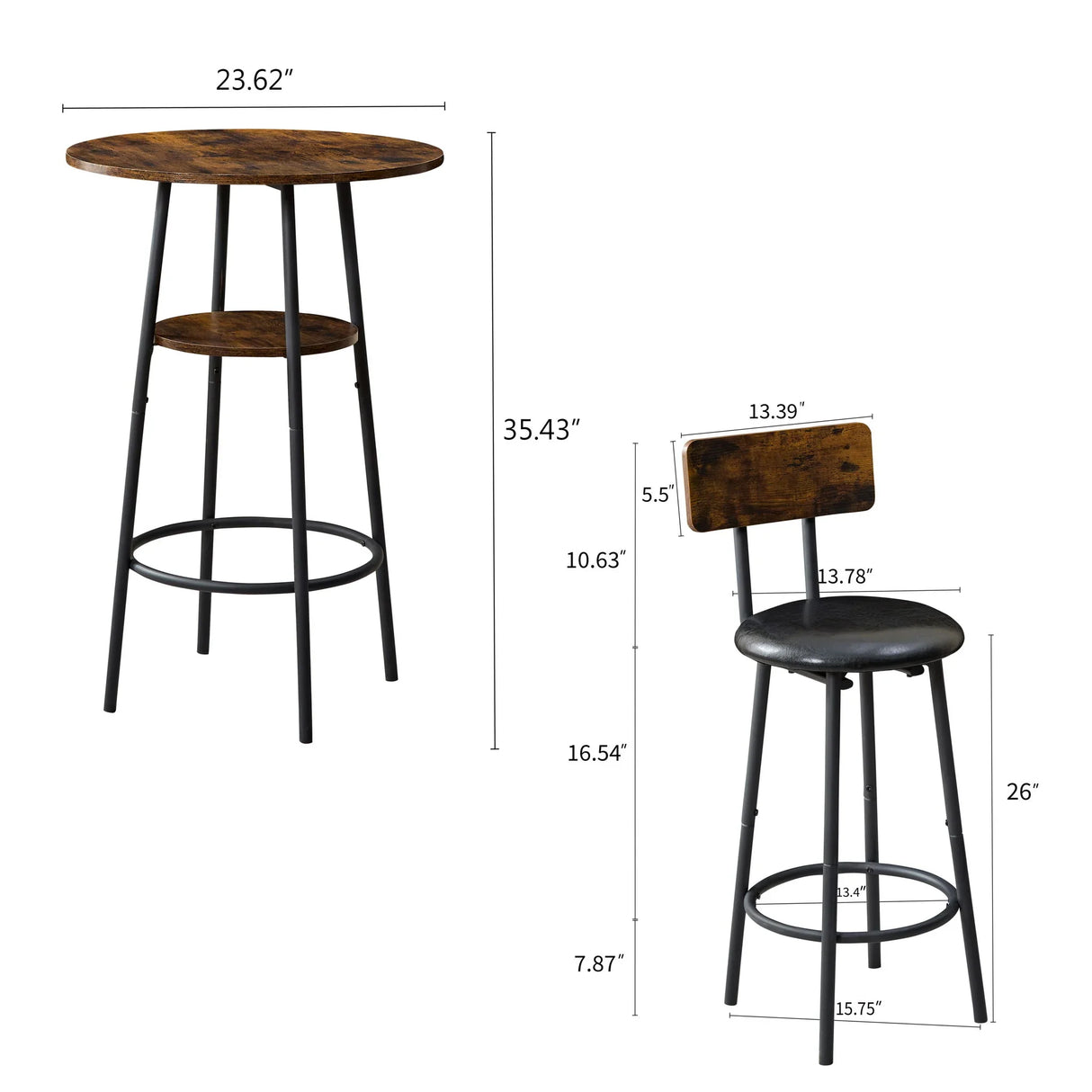 3 Piece Round Dining Table, Two-Level Small Dining Table With Storage, Bar Table, Two Upholstered Bar Chairs With Backrest - Antique Brown / Black - Furniture Home Direct