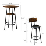 3 Piece Round Dining Table, Two-Level Small Dining Table With Storage, Bar Table, Two Upholstered Bar Chairs With Backrest - Antique Brown / Black - Furniture Home Direct