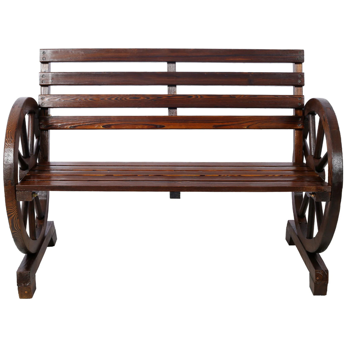 Rustic Country 2 Person Wooden Wagon Wheel Bench With Slatted Seat And Backrest - Brown - Furniture Home Direct