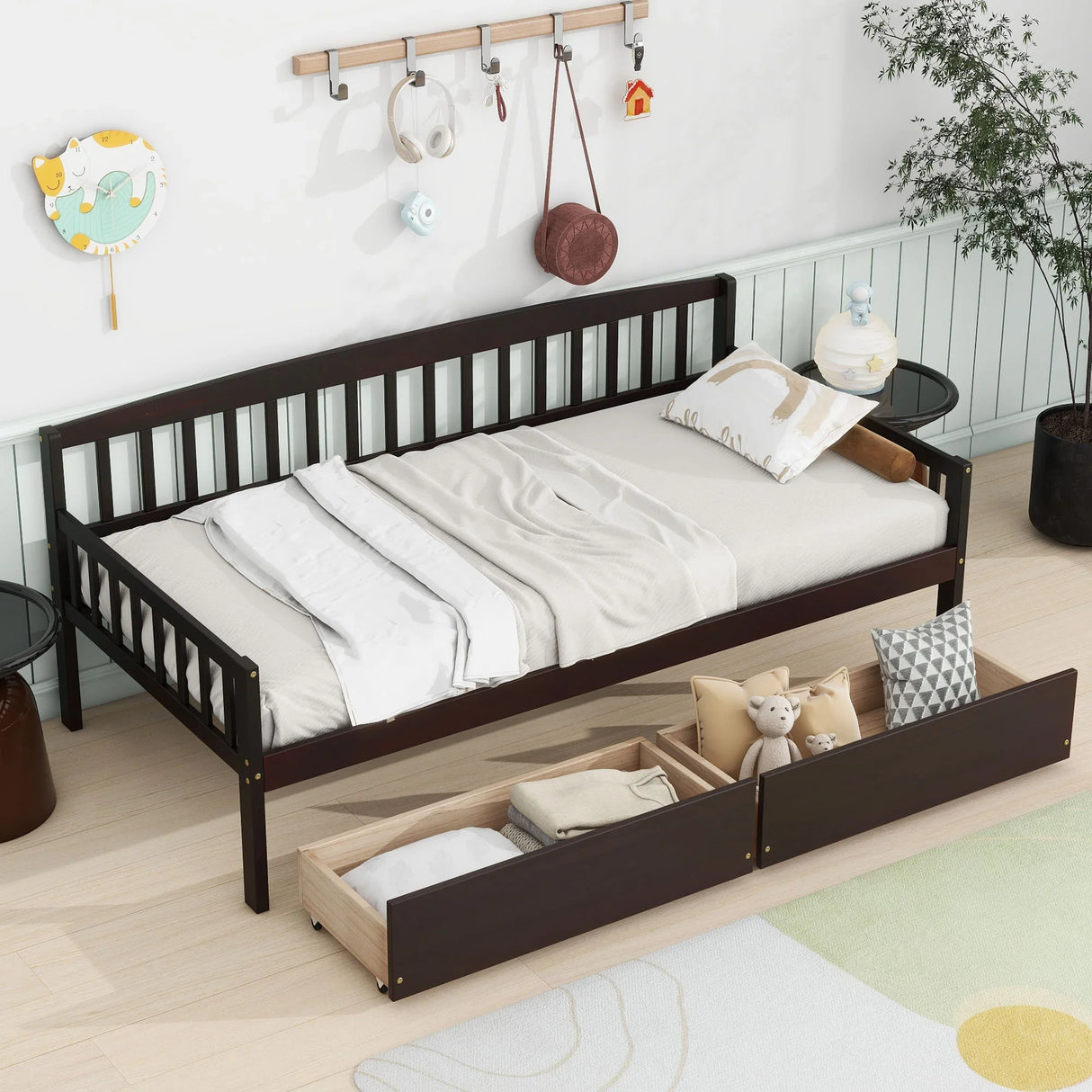 Pine Wood Daybed With Two Storage Drawers, Sofa Bed With Bed Platform Of 10 Support Slats - Furniture Home Direct