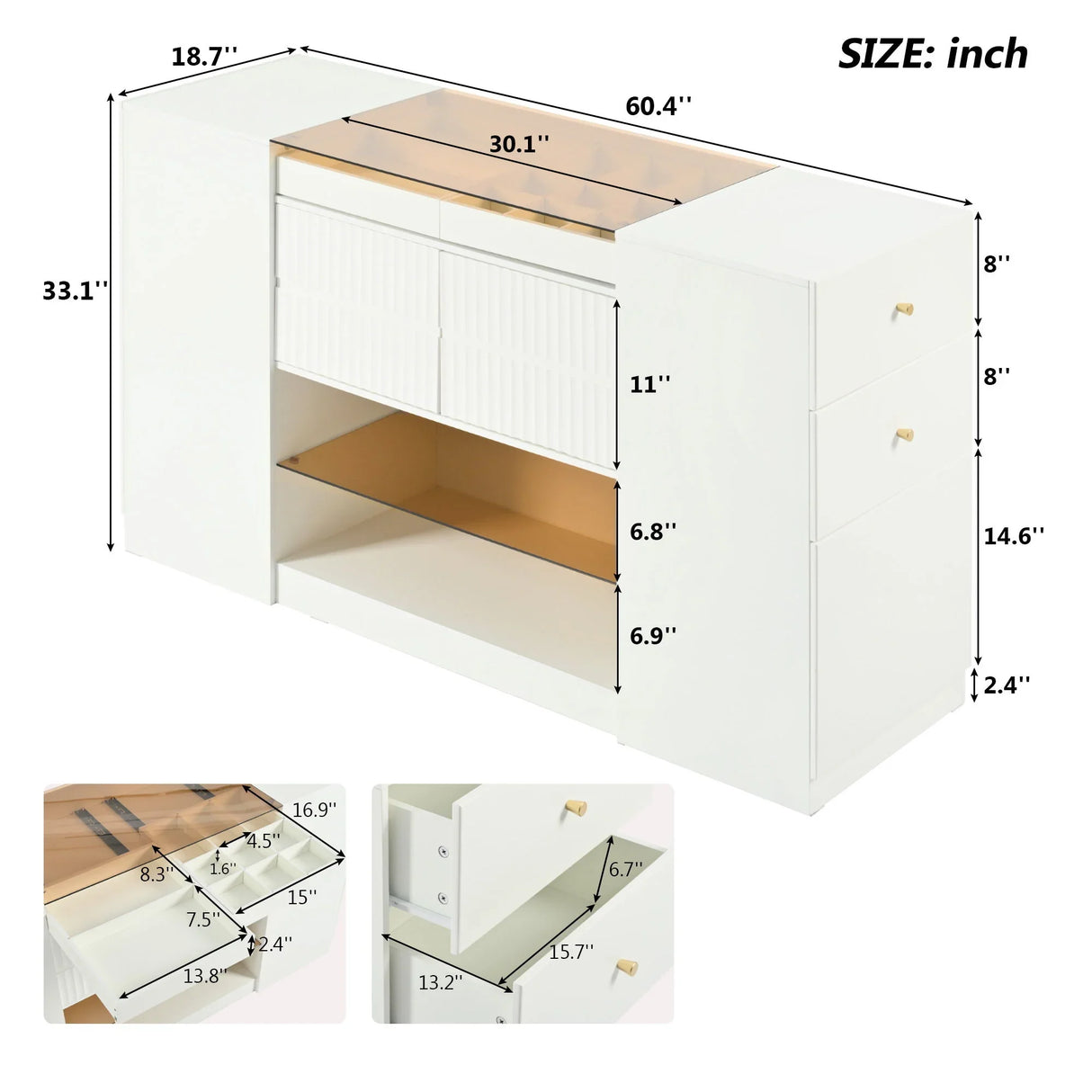 Modern Luxury Multi-Functional Island Vanity Dresser And Storage Cabinet With Glass Tabletop, Display Shelf, 6 Drawers For Walk In Wardrobe And Bedroom - Cream White - Furniture Home Direct