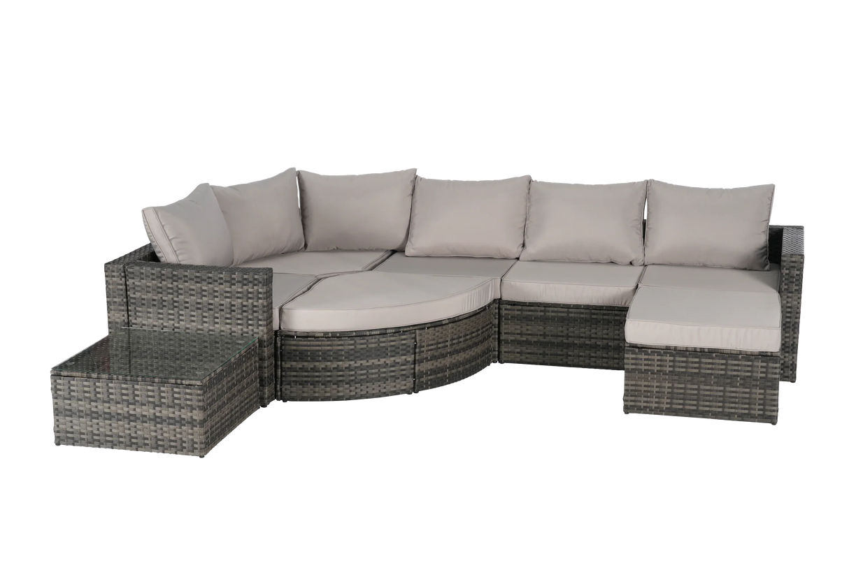 Wicker Outdoor Sectional Set with Curved Ottoman & Glass Top Table - Furniture Home Direct