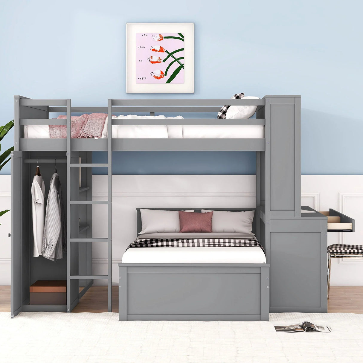 Loft Bed With A Twin Size Standalone Bed, Shelves, Desk, And Wardrobe - Furniture Home Direct