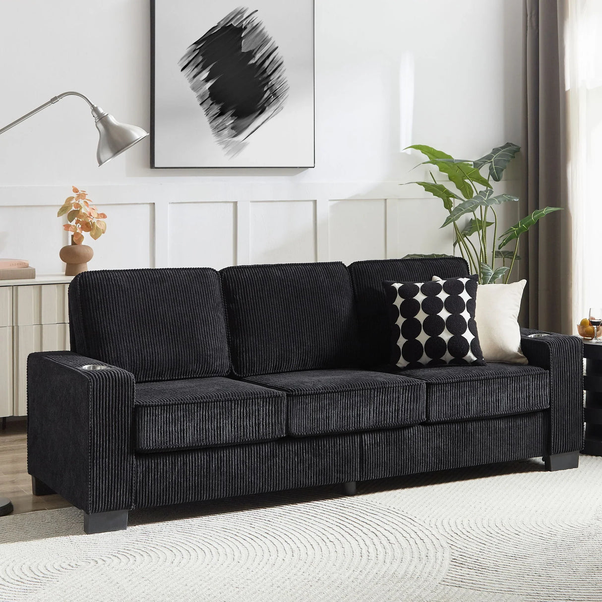 Modern Corduroy Fabric Sofa, 3 Seater Compressed Couch With Cup Holders - Furniture Home Direct