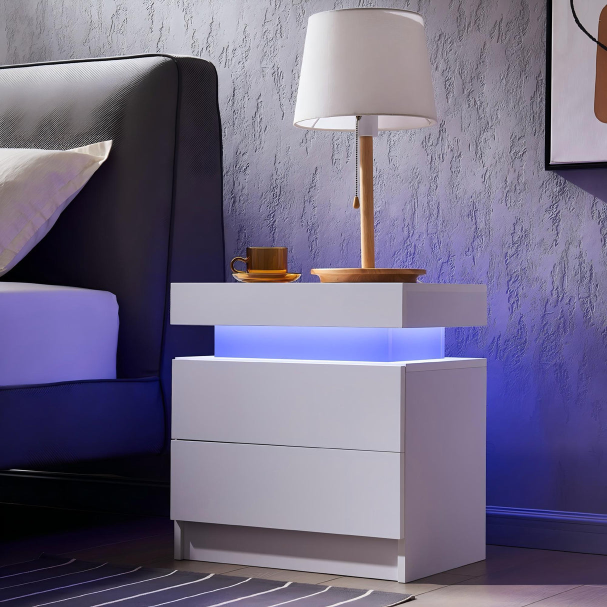 Modern LED Bedside Table Cabinet With Adjustable Lights And 2 Drawers - White - Furniture Home Direct