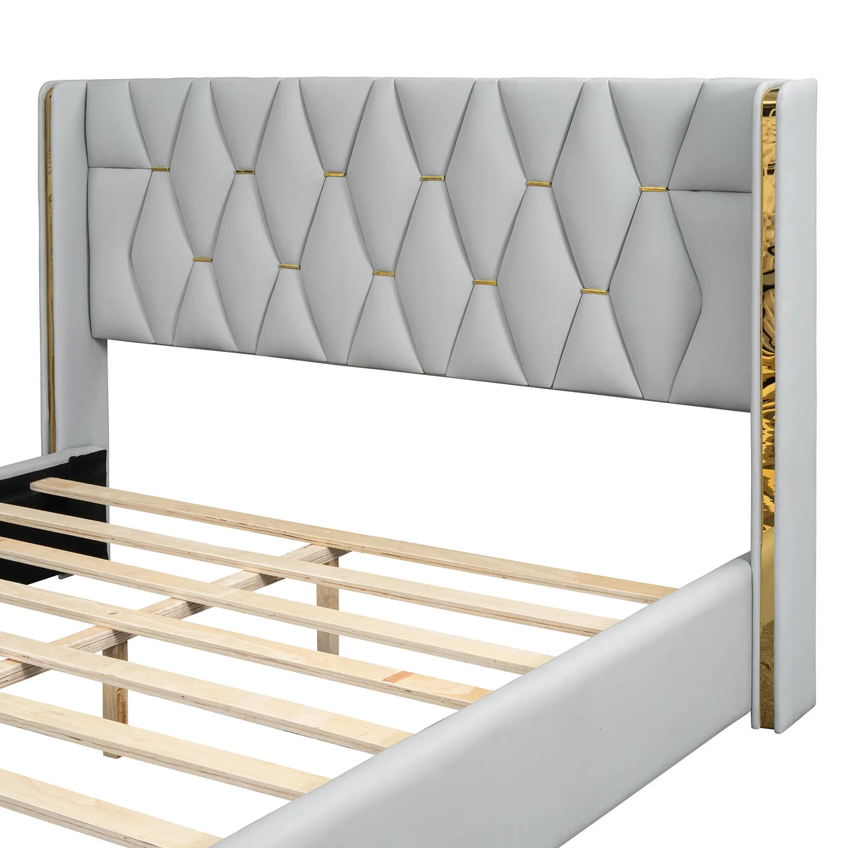Full Size Upholstered Platform Bed Metal Strips Off White - Furniture Home Direct