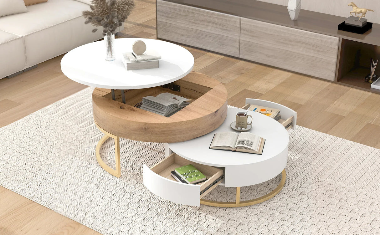 Nesting Coffee Tables Lift Top With 2 Drawers White Natural - Furniture Home Direct
