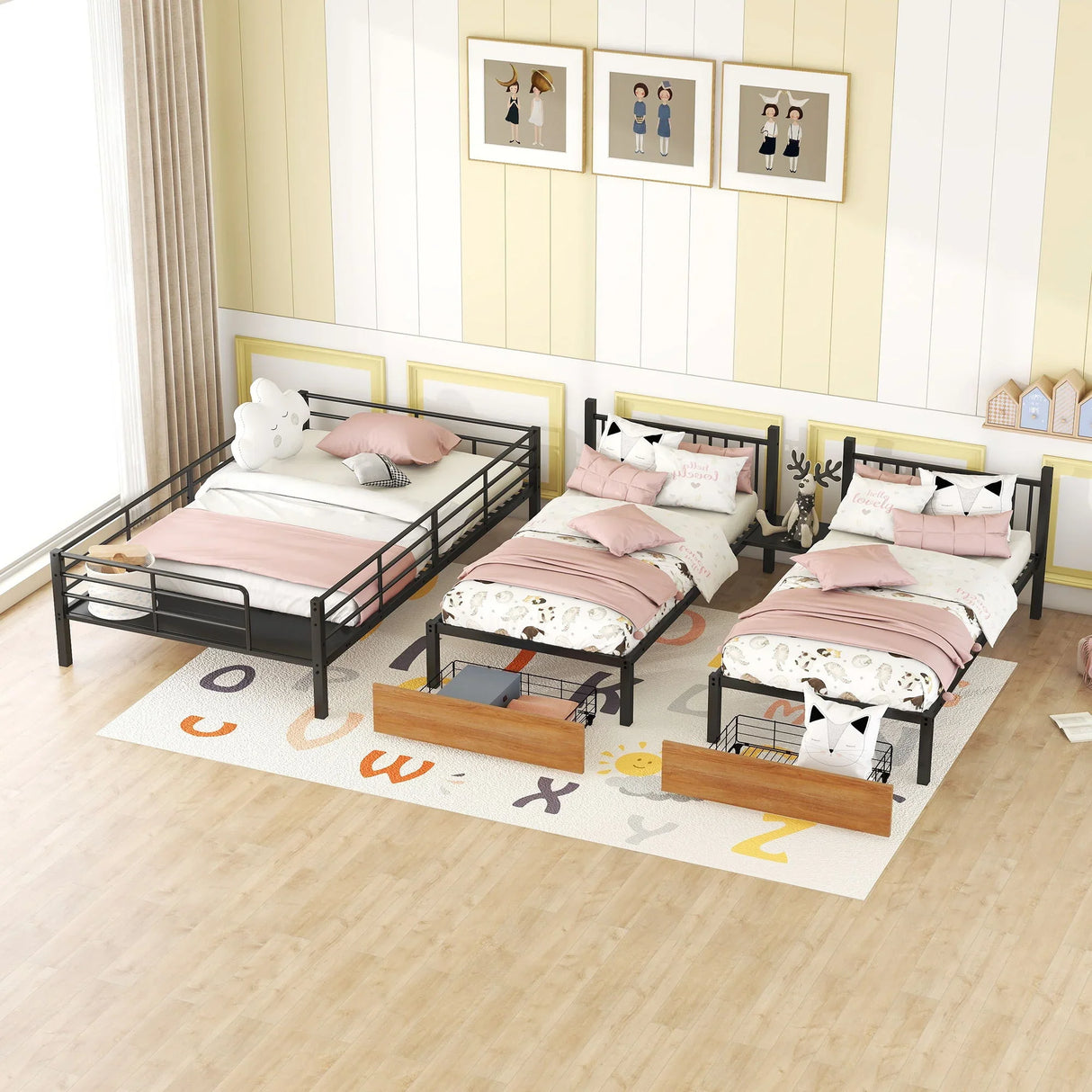 Full Over Twin-Twin Triple Bunk Bed With Drawers And Staircase - Black - Furniture Home Direct