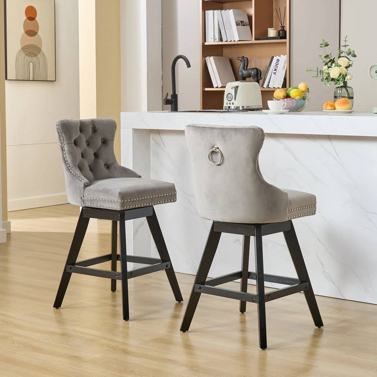 Counter Height Bar Stools Velvet Upholstery Tufted Gray - Furniture Home Direct