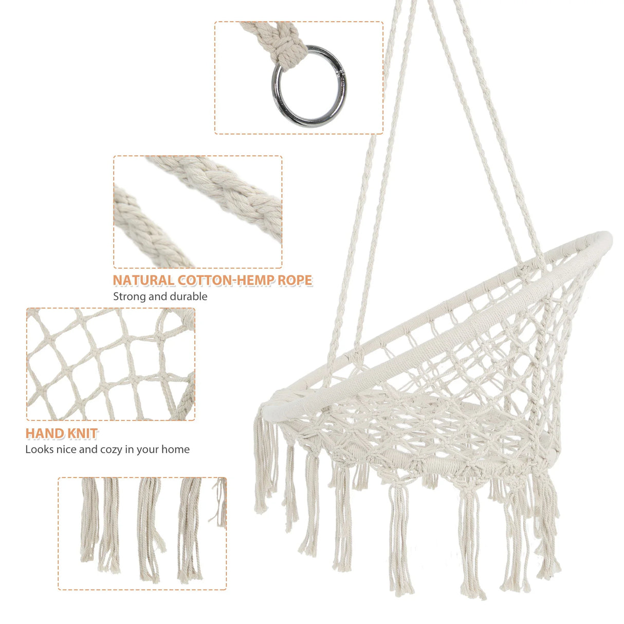 Macrame Hanging Hammock Chair, Cotton Rope Swing For Indoor And Outdoor Use - Furniture Home Direct