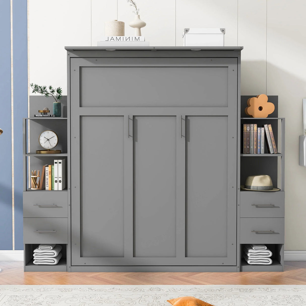 Murphy Wall Bed With Shelves, Drawers And LED Lights - Furniture Home Direct