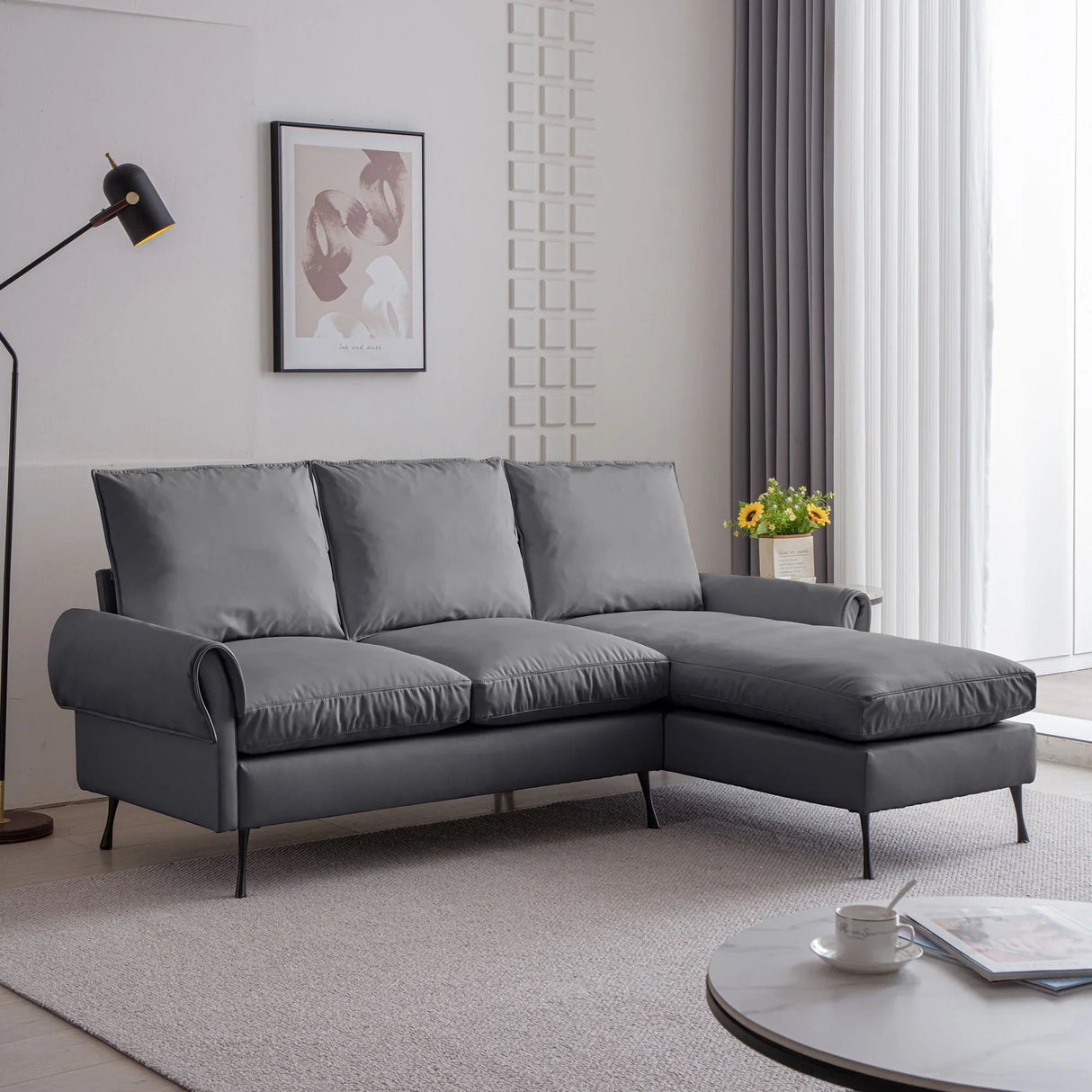 Modern Sectional Technical Leather L-Shaped Sofa Couch With Reversible Chaise Lounge - Furniture Home Direct