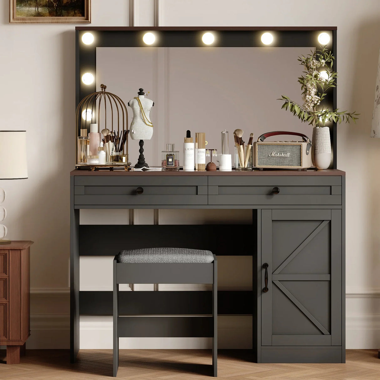 Makeup Vanity Desk With Large Mirror And Lights Black - Furniture Home Direct