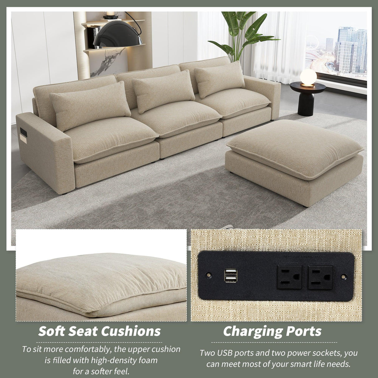 Cloud Sectional with Ottoman, Charging Ports and Three Back Pillows - Beige - Furniture Home Direct