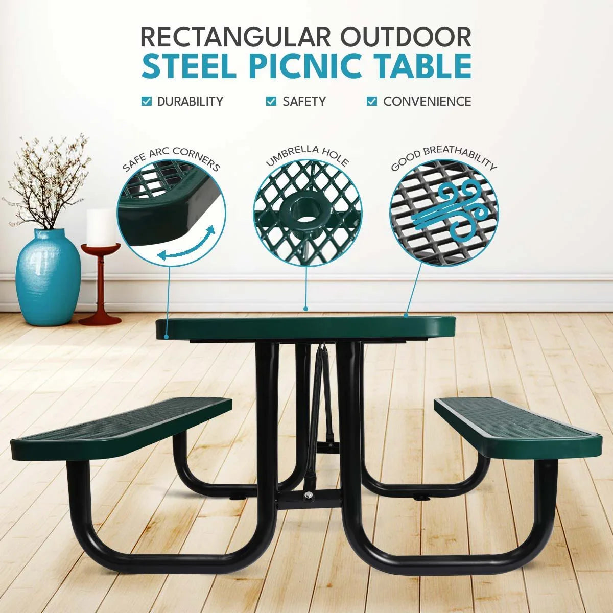 Outdoor Steel Picnic Rectangular Table With Umbrella Pole - Furniture Home Direct