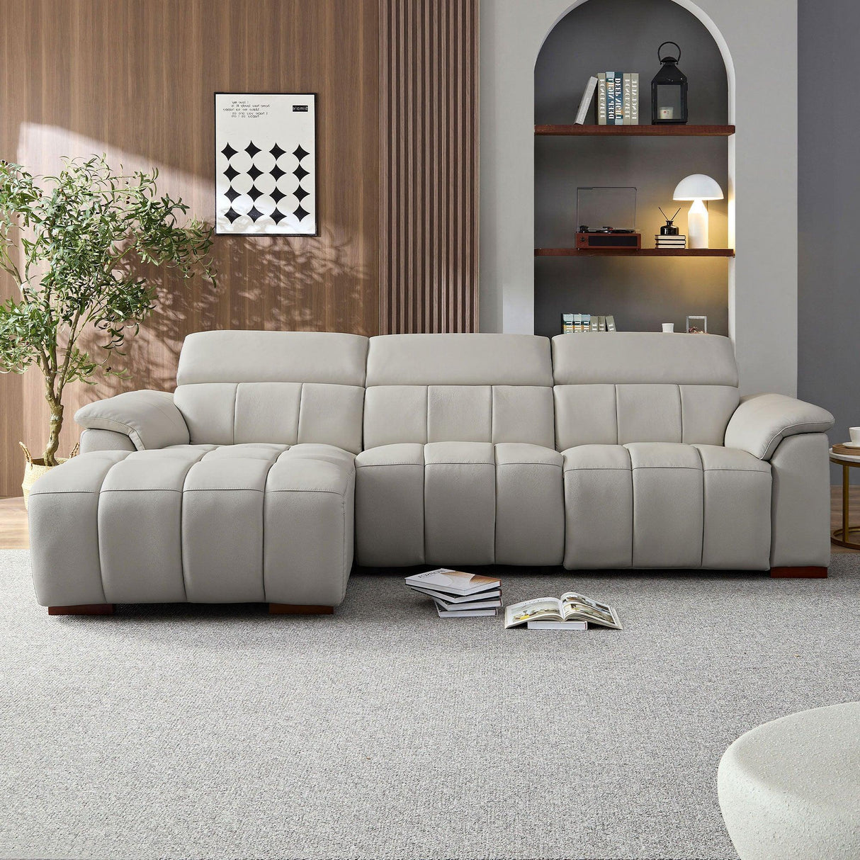 Genuine Leather Power Reclining Sectional - Light Gray - Furniture Home Direct