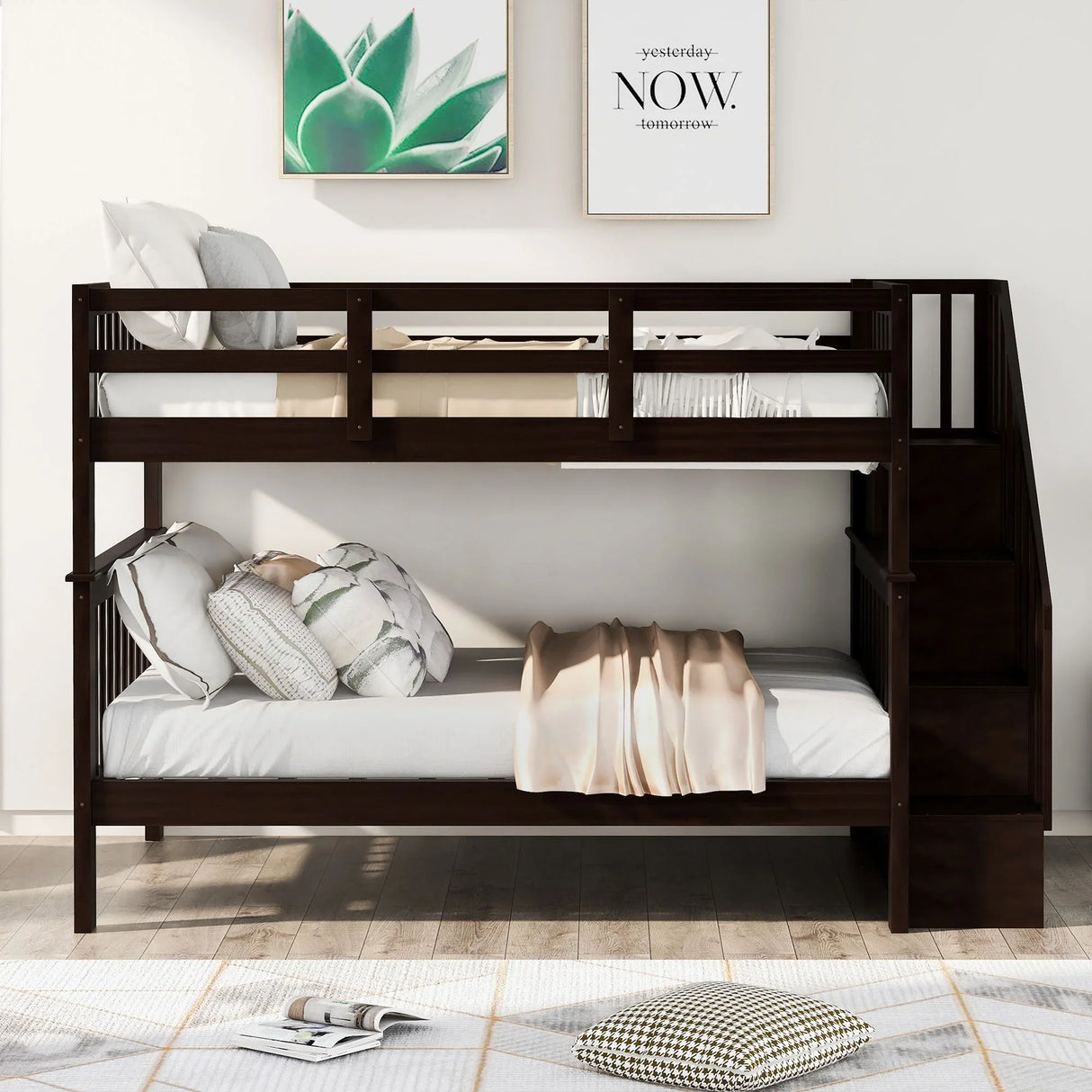 Stairway Bunk Bed With Storage And Guard Rail For Bedroom - Furniture Home Direct