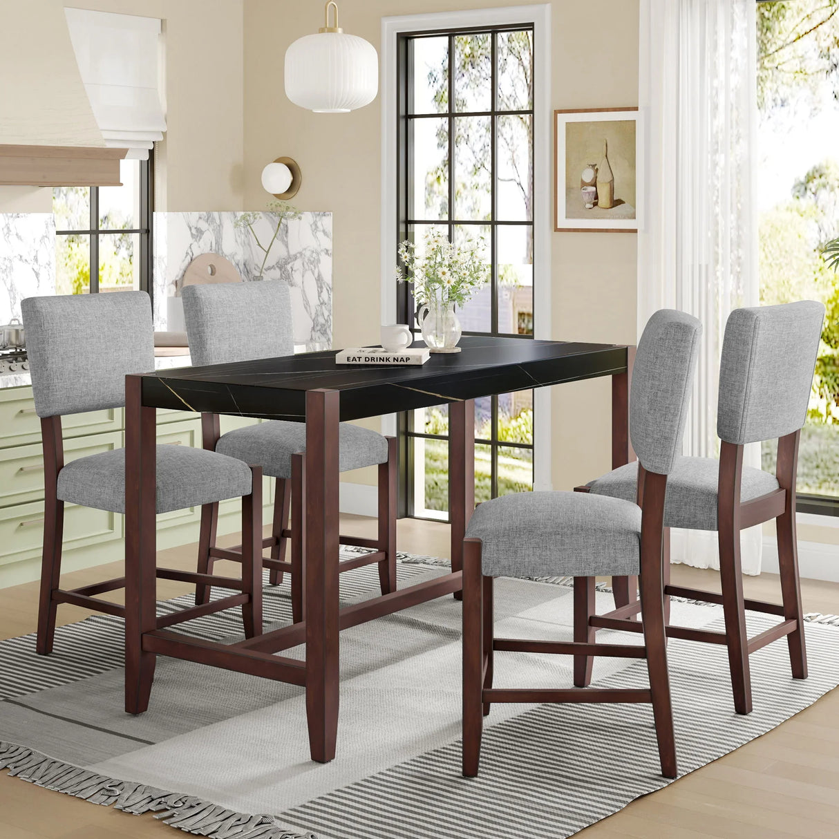 5 Piece Counter Height Dining Set, Bar Table With 4 Upholstered Chairs - Furniture Home Direct