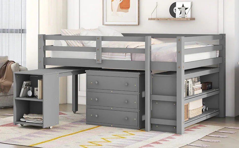 Loft Low Study Bed With Cabinet, Shelves And Rolling Portable Desk, Multiple Functions - Furniture Home Direct