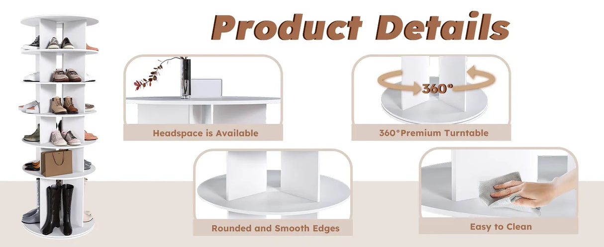 Free Standing 360° Revolving Shoe Organizer for 24 Pairs of Shoes (6-Tier White) - Furniture Home Direct