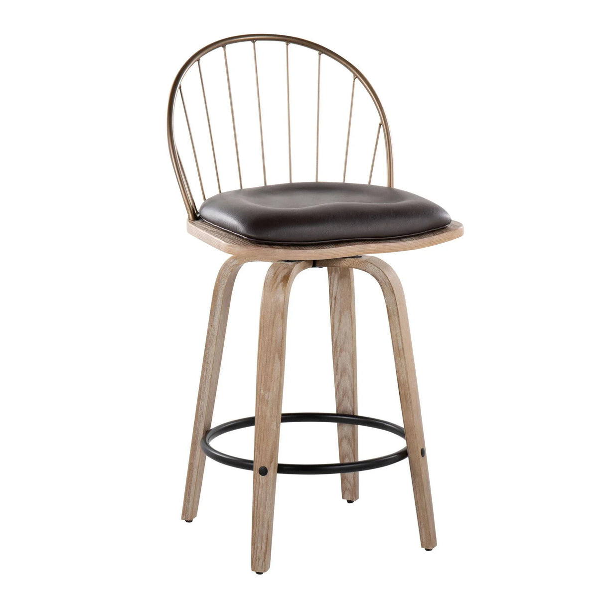 Riley - Farmhouse Fixed Height Counter Stool Round Footrest With Removable Cushion (Set of 2) - White Washed / Antique Copper / Brown - Furniture Home Direct