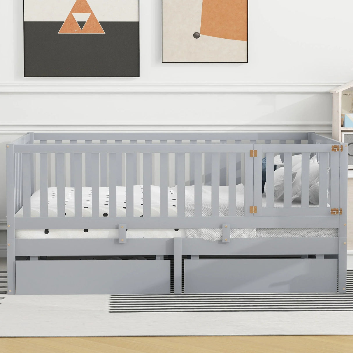 Daybed With Fence Guardrails And 2 Drawers, Split Into Independent Floor Bed & Daybed - Furniture Home Direct