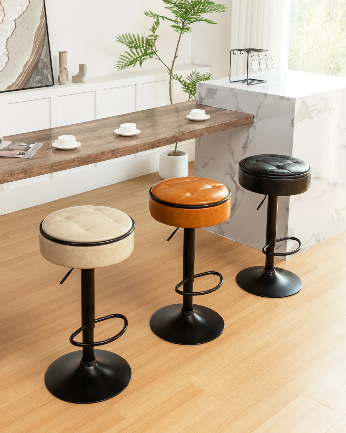 Bar Stool Round Tufted PU Leather Adjustable Height Brown - Furniture Home Direct