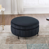 Upholstered Round Ottoman With Reversible Lid, Channel Tufted Pumpkin Shape - Furniture Home Direct