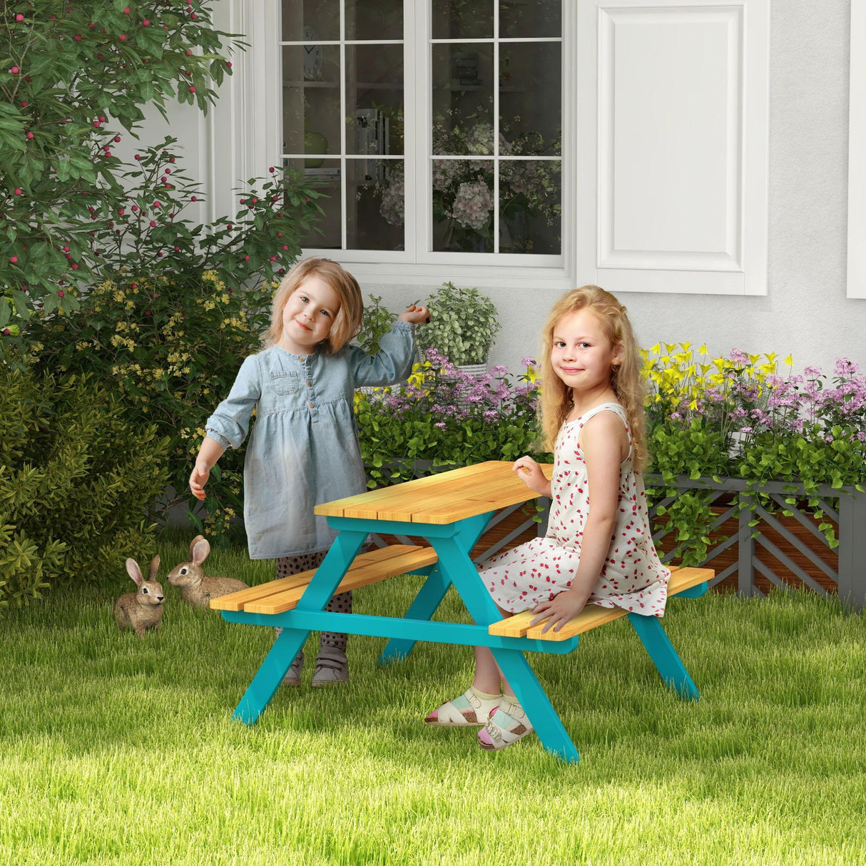 Outsunny - Kids Picnic Table Set With Wooden Table, Outdoor Bench Set With Seating For 4 Kids Ages 3-8 Years Old For Patio Garden, Easy Installation, Outdoor Indoor Use - Natural Wood - Furniture Home Direct