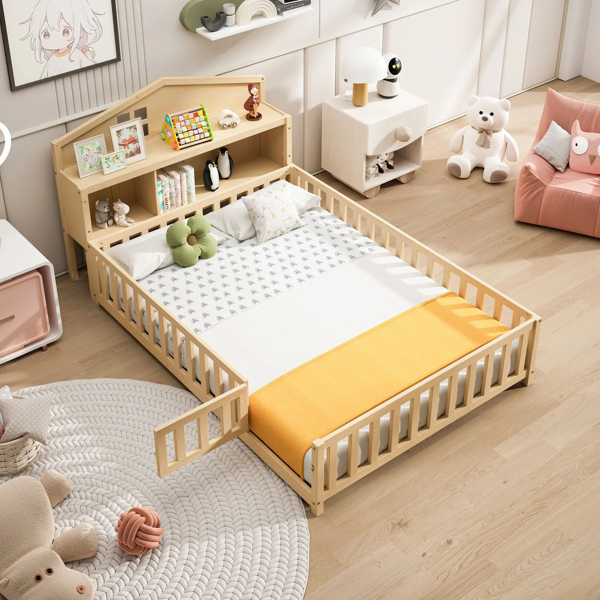 Full Size Montessori Floor Bed With Bookcases And boards, Solid Wood Platform Bed With Guard Rails And Storage Headboards - Natural - Furniture Home Direct
