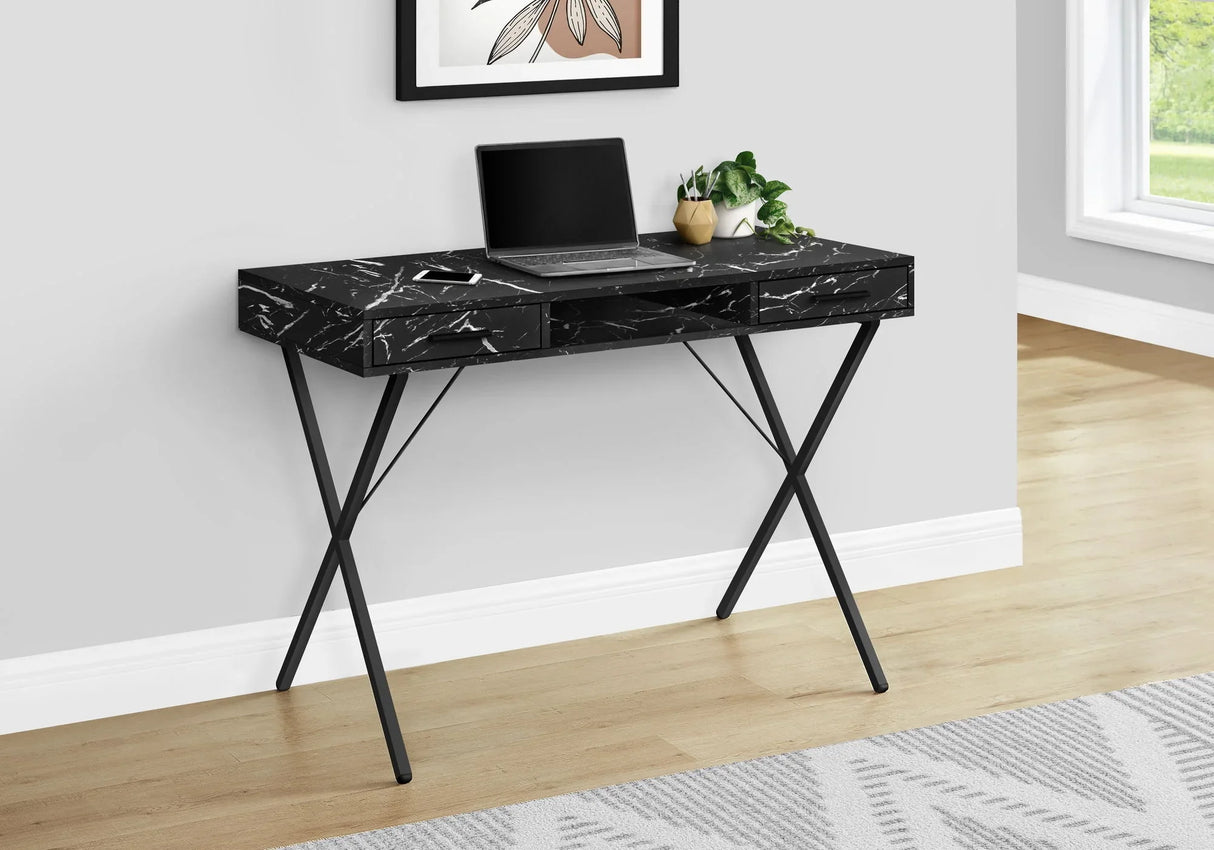 Computer Desk, Home Office, Laptop, Left, Right Set-Up, Storage Drawers, Work, Marble Look Laminate, Contemporary, Modern - Black - Furniture Home Direct