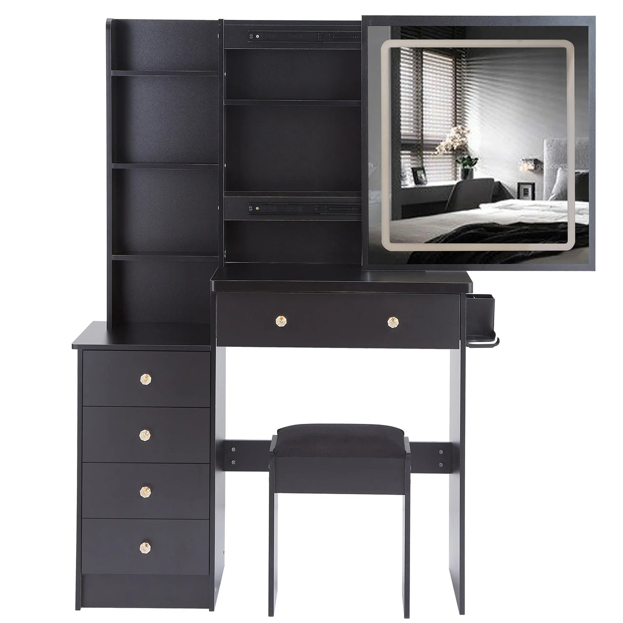 Vanity Table with Cushioned Stool Modern Finish Black - Furniture Home Direct