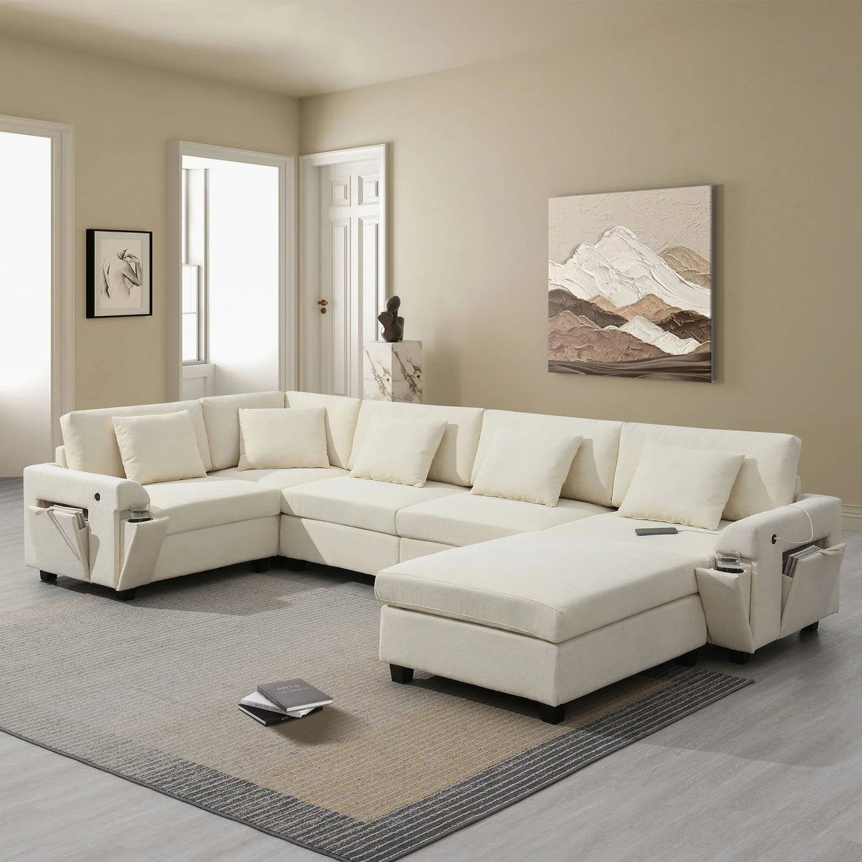 U Shaped Sectional Sofa 6 Seat Couch Set With Oversized Ottoman, Hidden Armrest Storage And Cup Holders USB Charging Ports Wide Seat Sofa - Furniture Home Direct