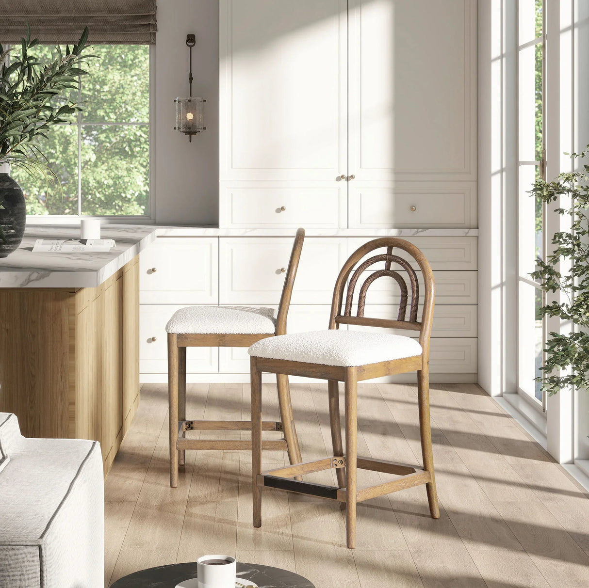 Leon - Arched Back & Upholstered Counter Stool (Set of 2) - Ivory White - Furniture Home Direct