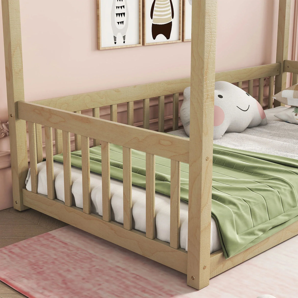 Canopy Frame Floor Bed With Fence, Guardrails - Furniture Home Direct