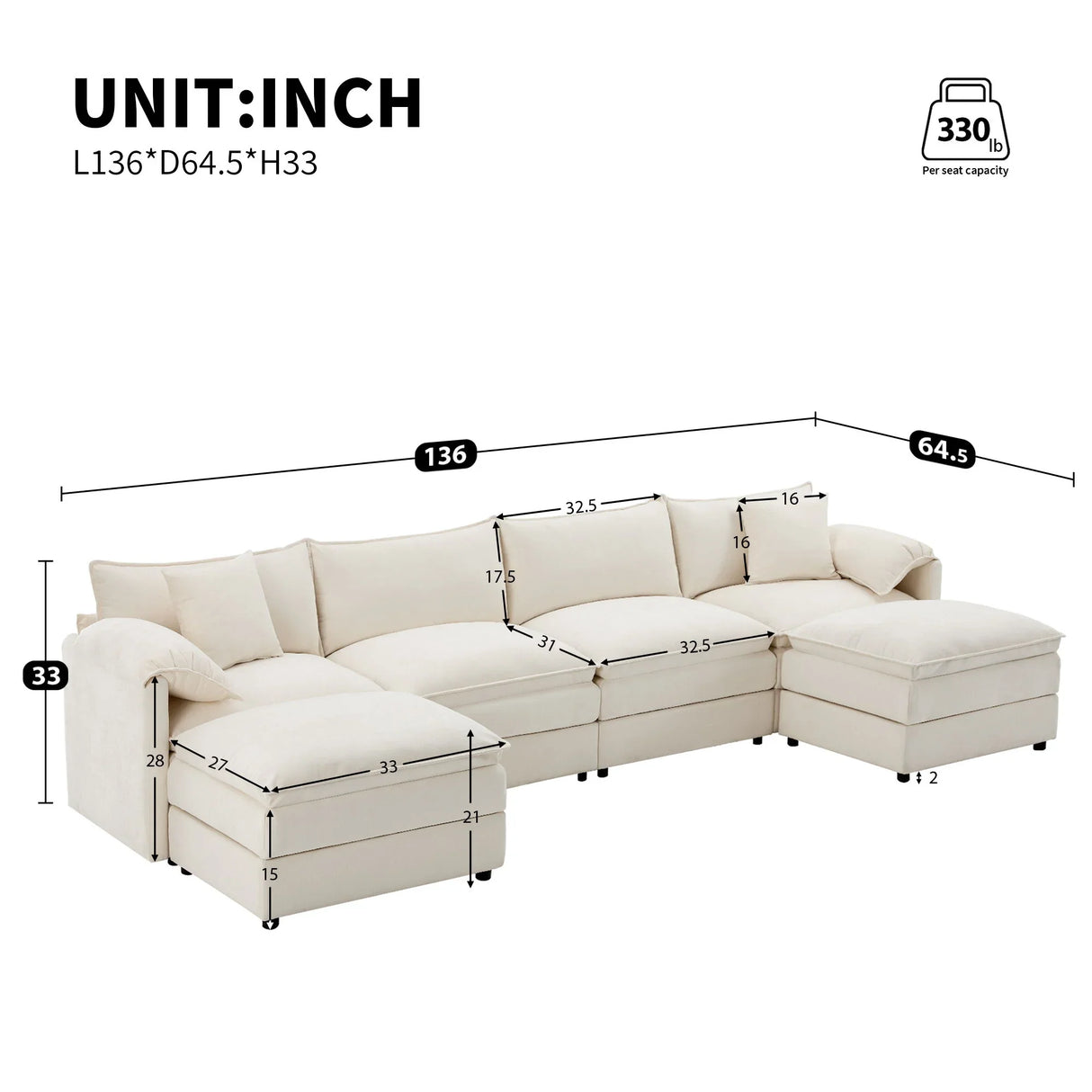 Modular Sectional With Deep And Wide Seat, Cloud Couch Set With Double Cushions Sofa With Movable Ottoman - Furniture Home Direct