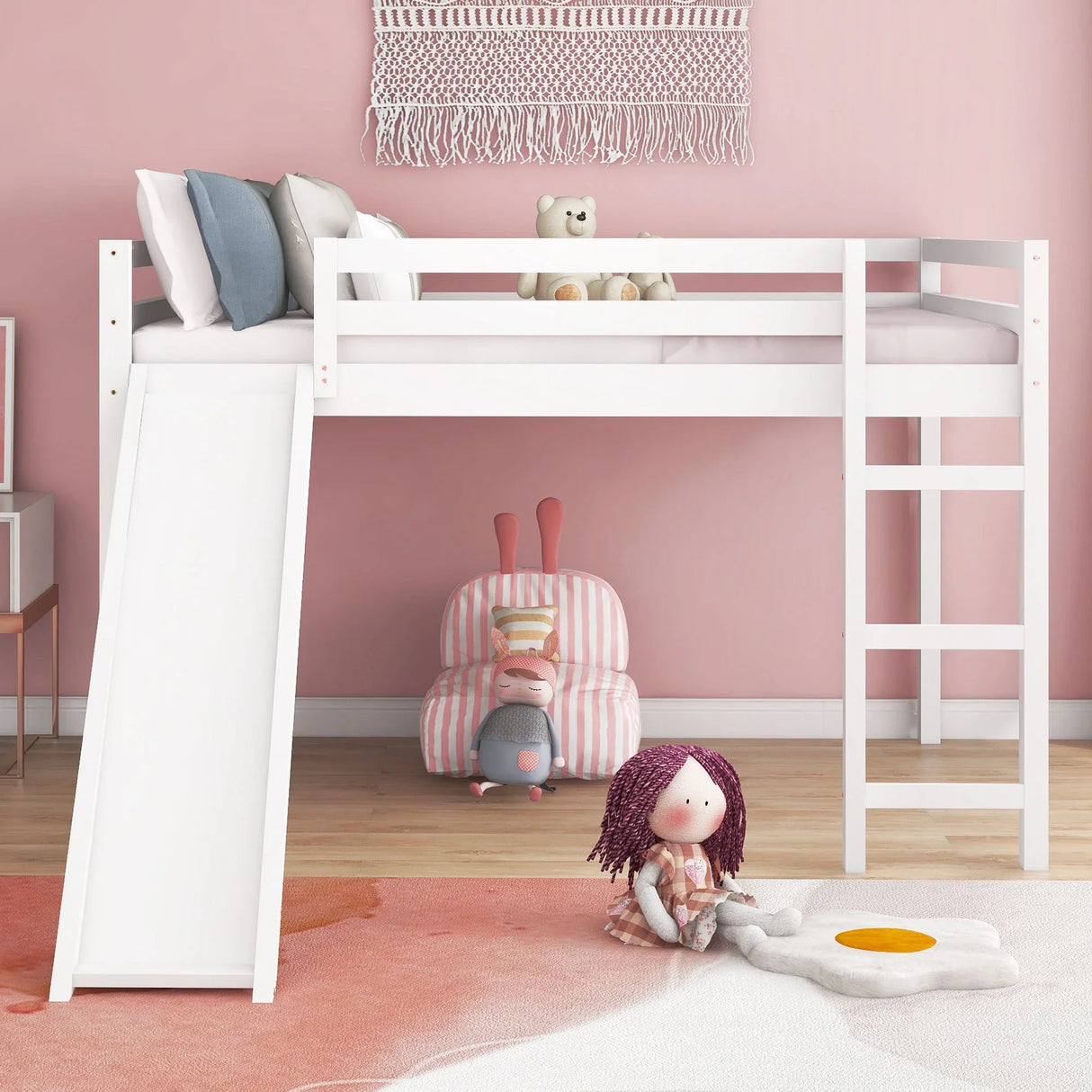Full Loft Bed With Slide, Multifunctional Design - White - Furniture Home Direct