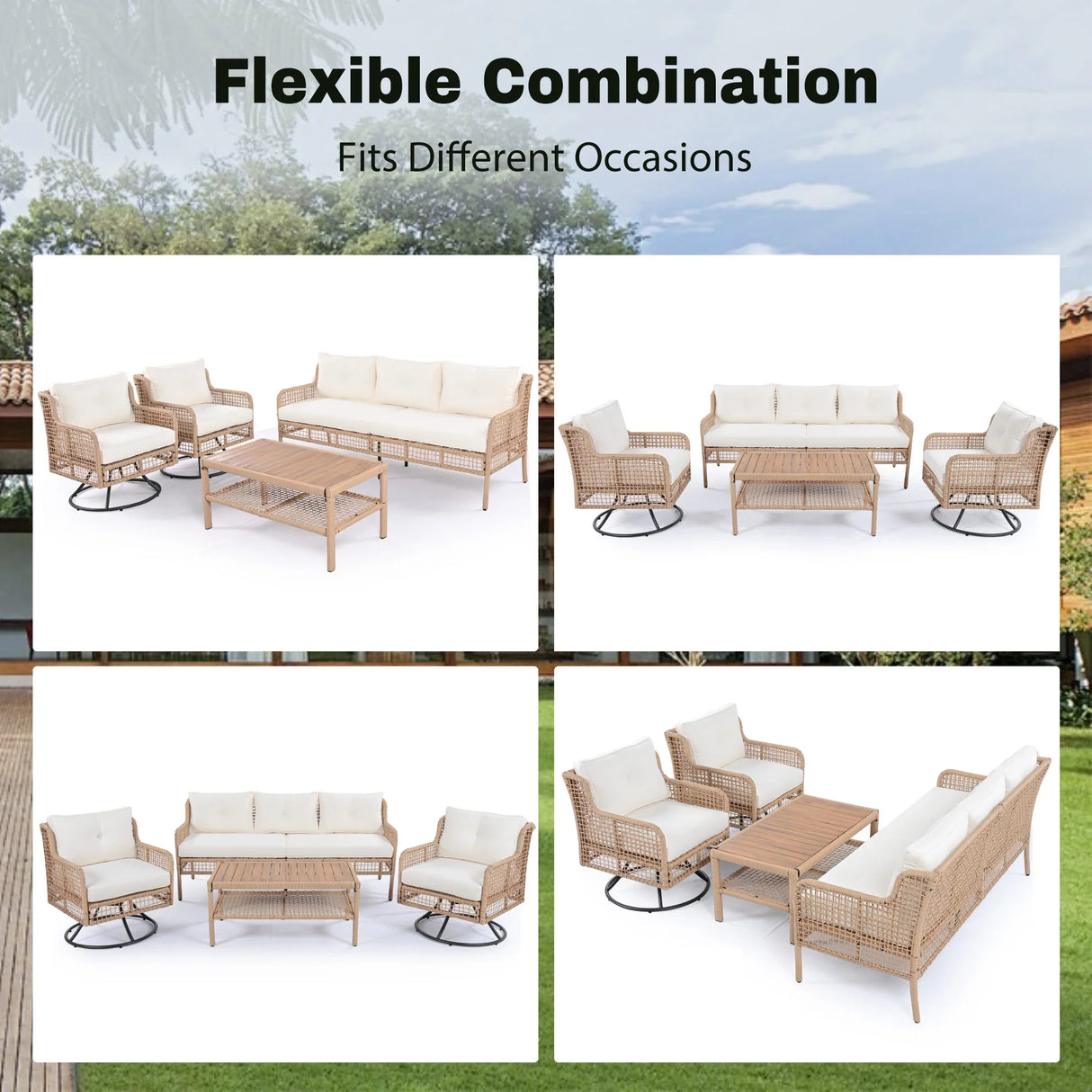 4 Piece Outdoor Patio Set with Swivel Chairs - Beige - Furniture Home Direct