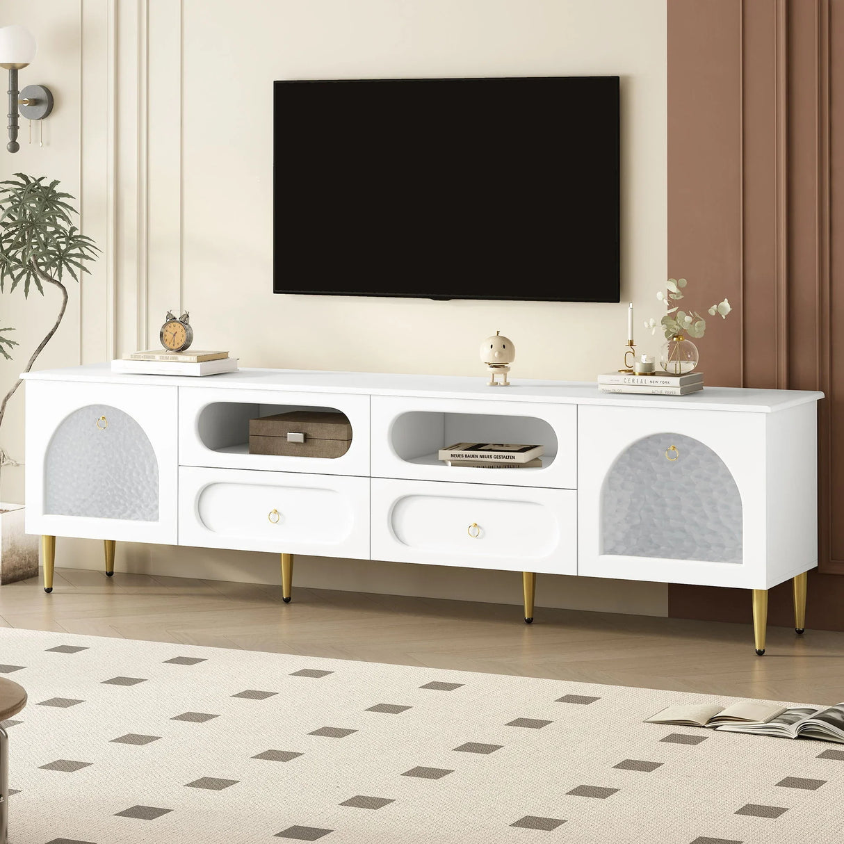 Retro TV Stand With 6 Metal Legs, 2 Cabinets, 4 Drawers And Anti-Tip Device - Furniture Home Direct