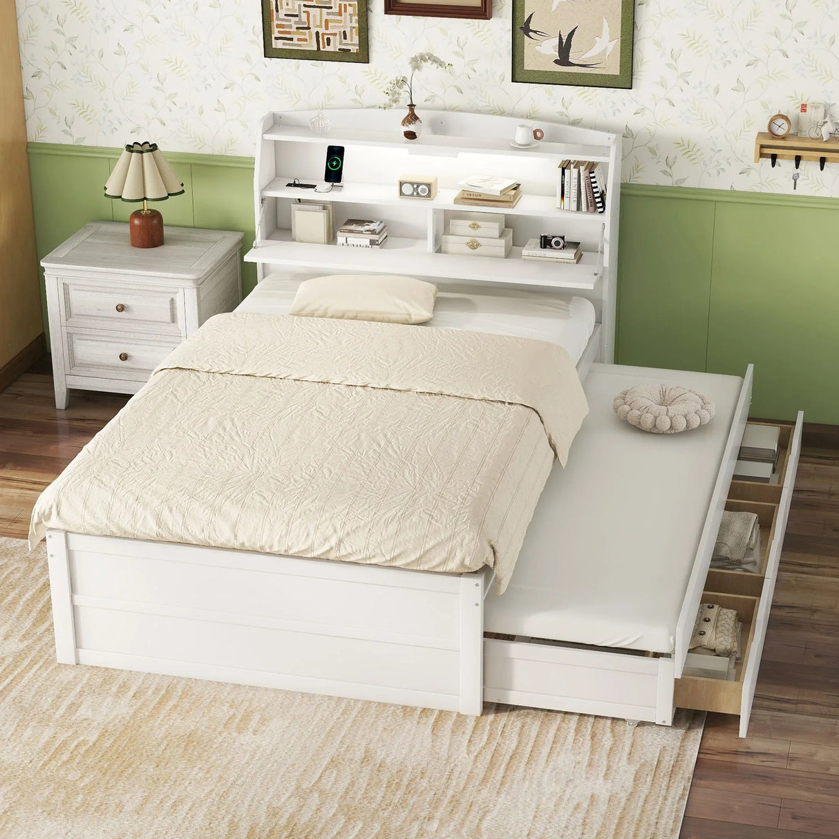 LED Platform Bed With Trundle With Storage Headboard With Drawers - Furniture Home Direct