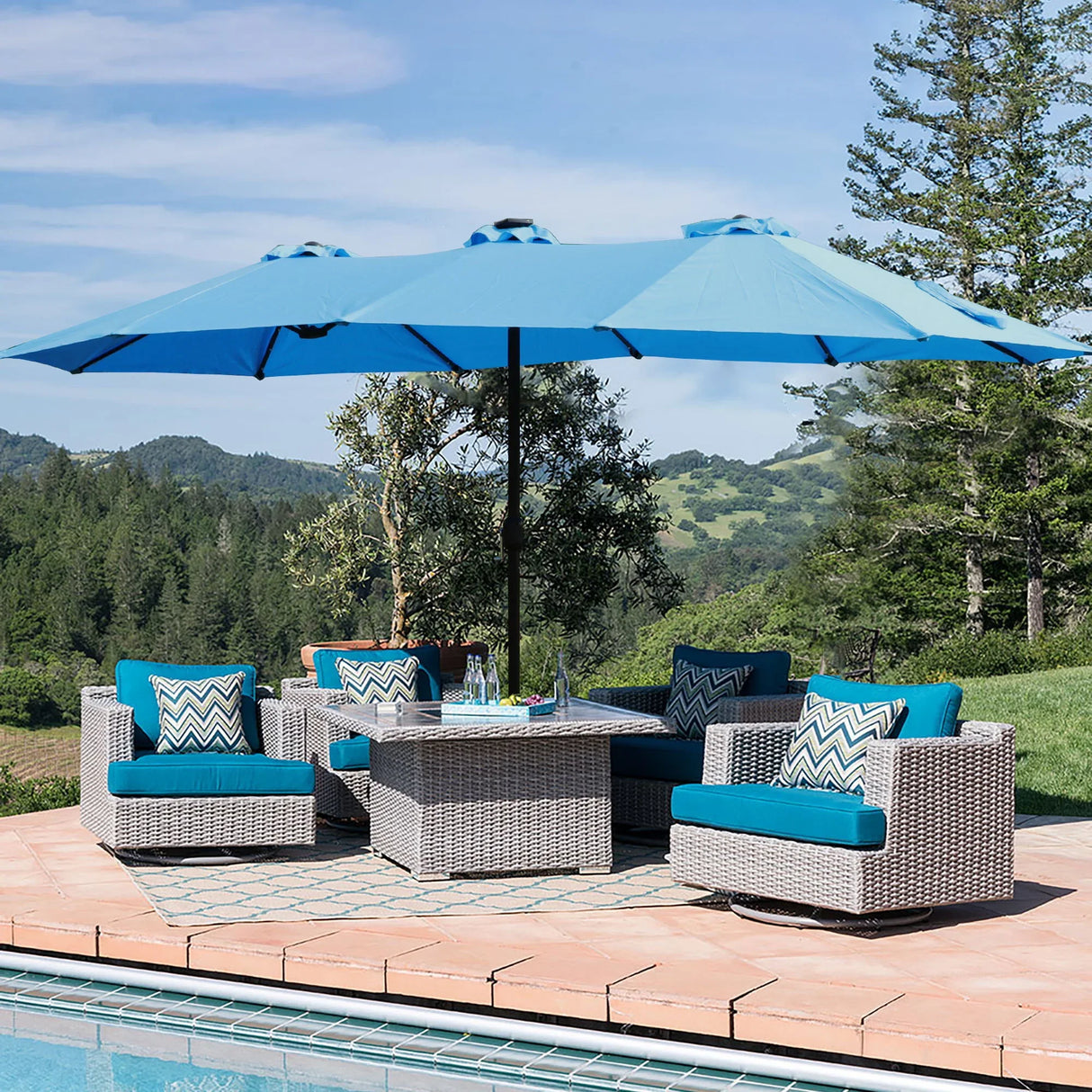 Double- Sided Outdoor Market Umbrella With Lights And Base - Furniture Home Direct