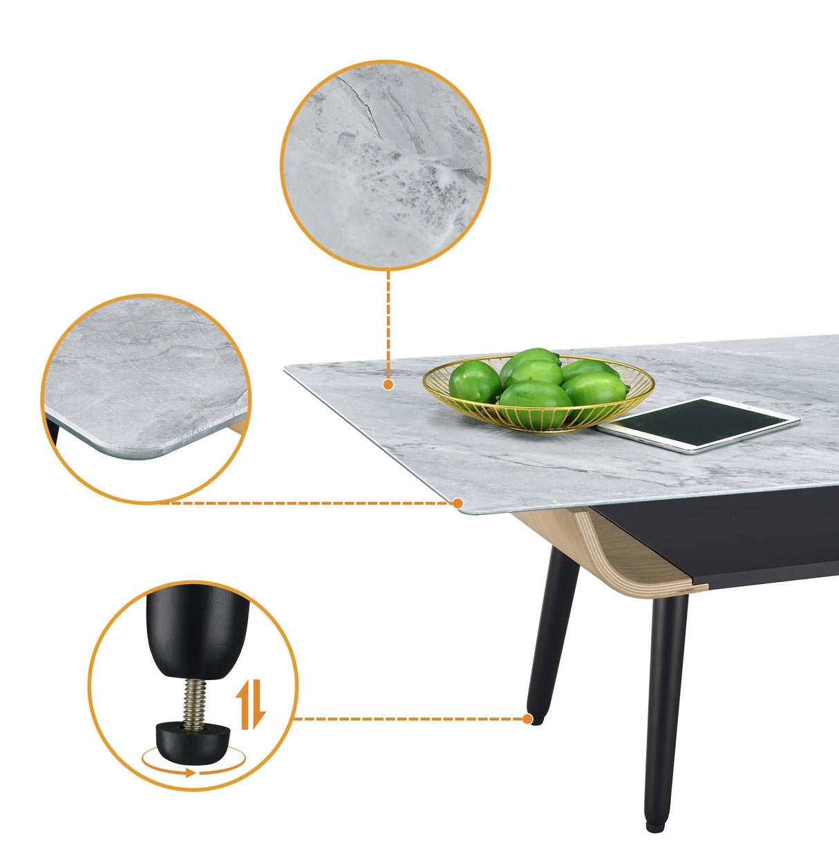 Landon - Coffee Table With Glass Marble Texture Top And Bent Wood Design - Furniture Home Direct