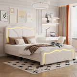 Upholstered Platform Bed & Curve Shaped And Height Adjustable Headboard, LED Light Strips - Furniture Home Direct