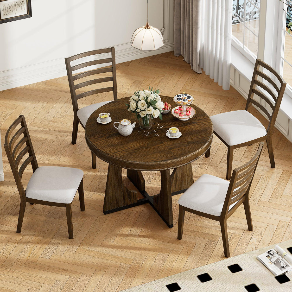 Dining Set Round Table With Four Upholstered Chairs Walnut - Furniture Home Direct