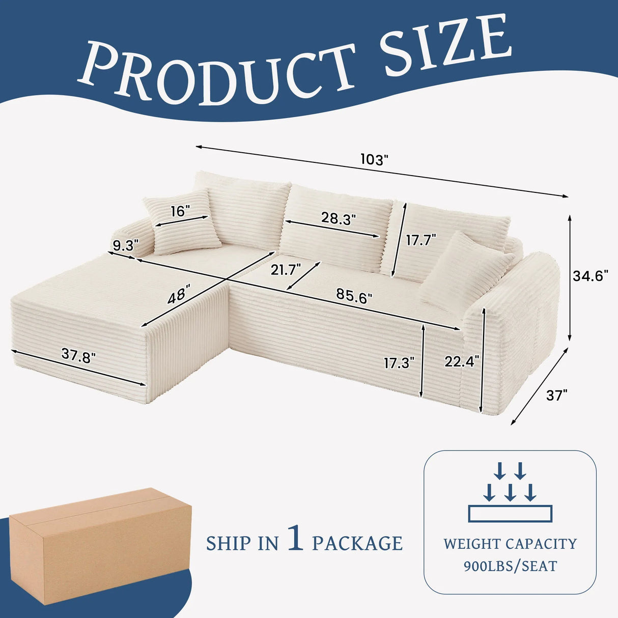 Modular Corduroy Sectional With Arched Armrests, Includes 3 Back Cushions & 2 Throw Pillows - Furniture Home Direct